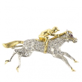 Diamond Set Horseracing Brooch in Platinum & 18k Yellow Gold